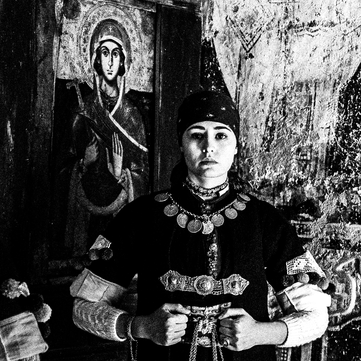 Black and White Photography Wall Art Greece | Costumes of Prespes at a local church W. Macedonia by George Tatakis - detailed view