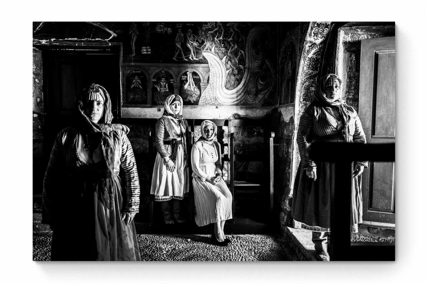 Black and White Photography Wall Art Greece | Traditional costumes of Gennadi in a local church Rhodes by George Tatakis - whole photo