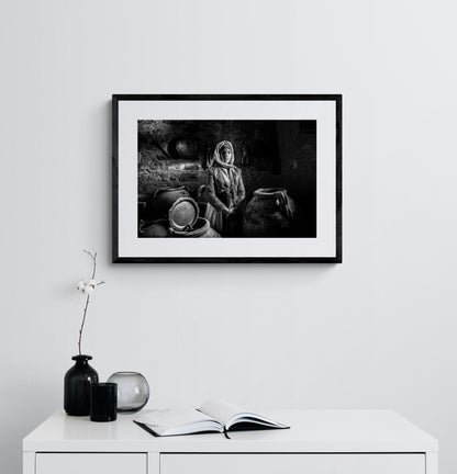 Black and White Photography Wall Art Greece | Traditional costume of Gennadi in a traditional house Rhodes by George Tatakis - single framed photo