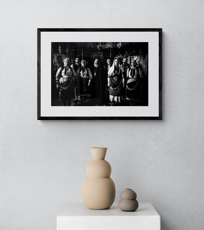 Black and White Photography Wall Art Greece | Costumes of Kladorachi with a local priest Florina W. Macedonia by George Tatakis - single framed photo