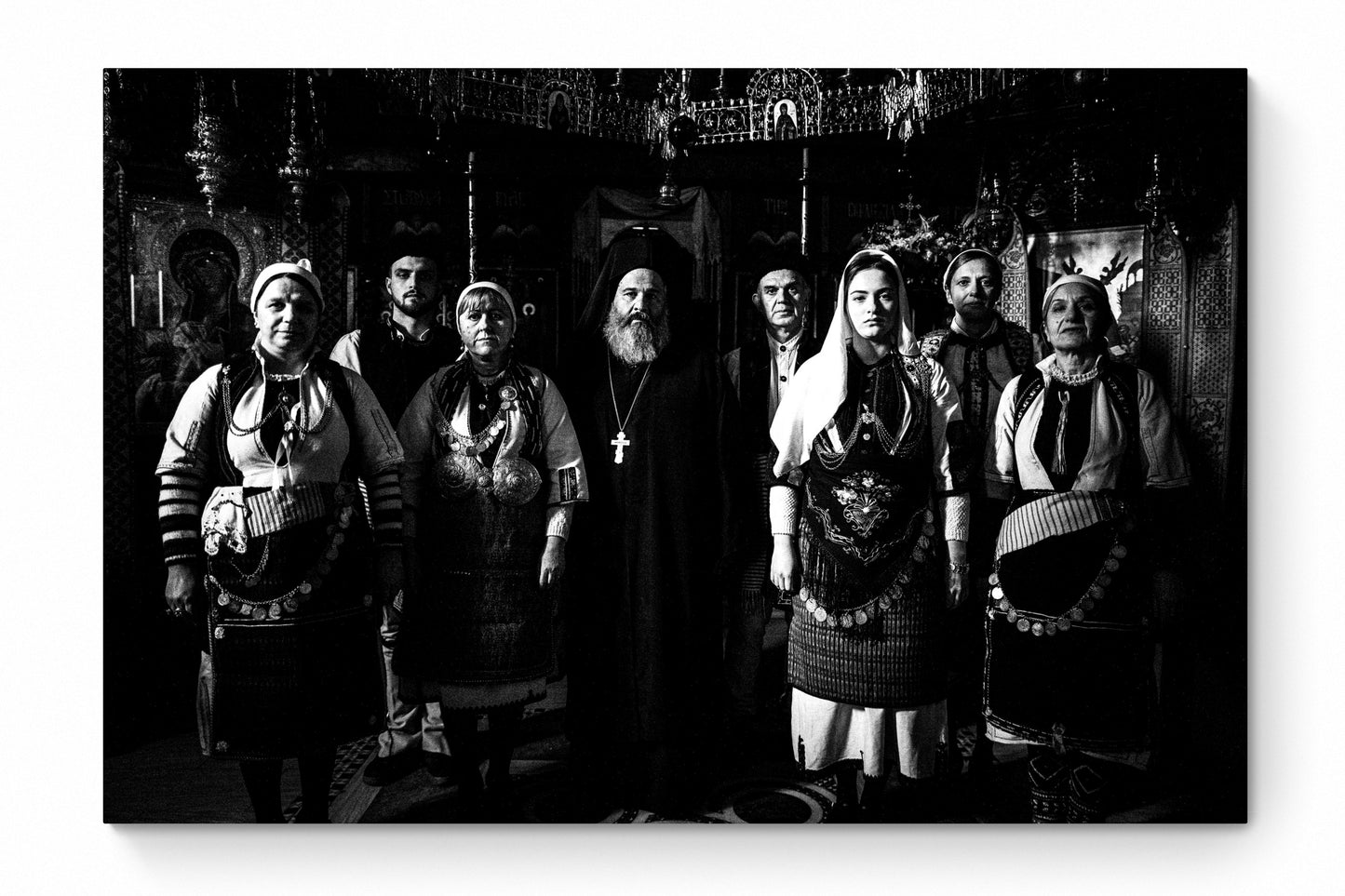 Black and White Photography Wall Art Greece | Costumes of Kladorachi with a local priest Florina W. Macedonia by George Tatakis - whole photo