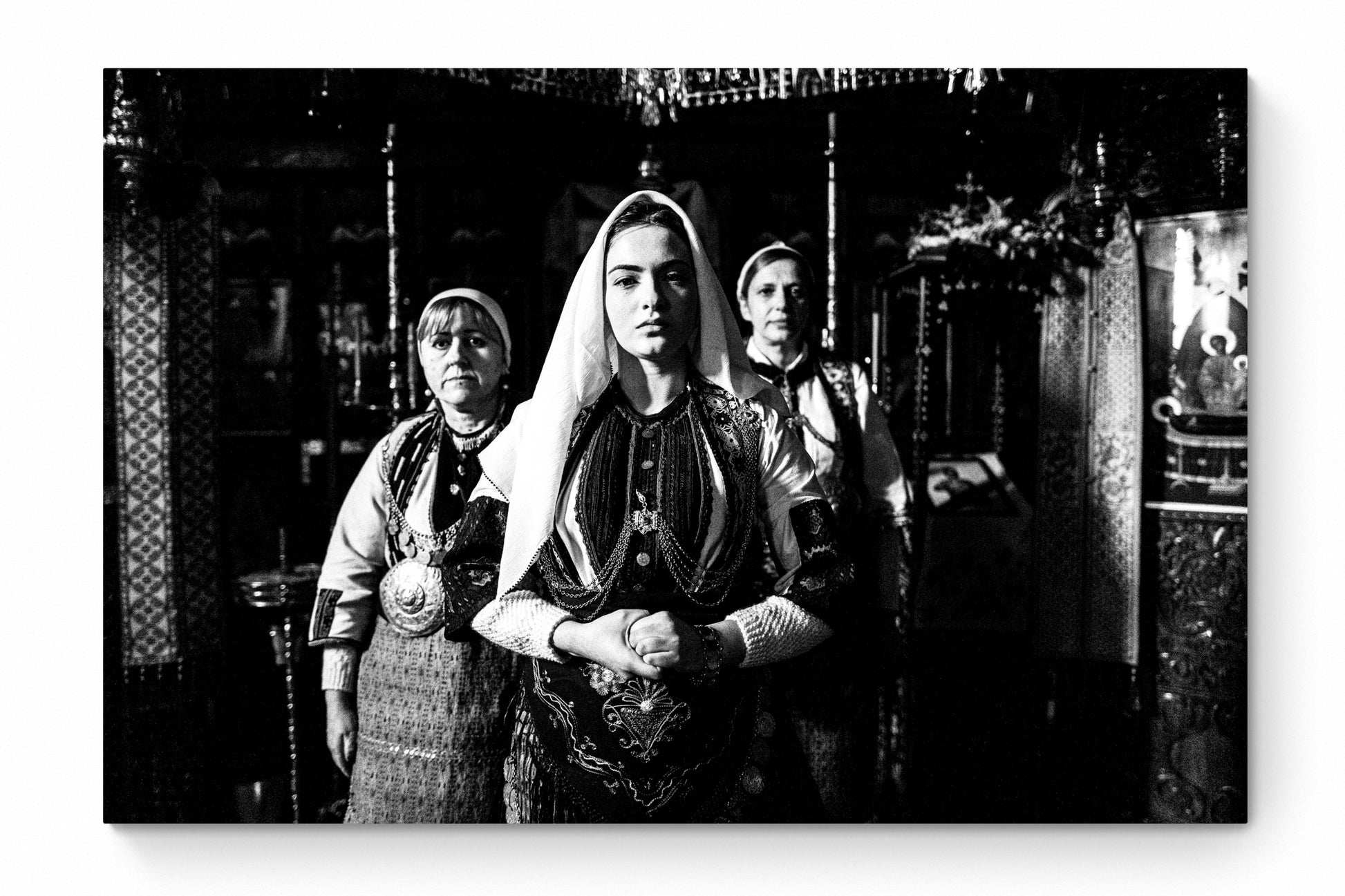 Black and White Photography Wall Art Greece | Costumes of Kladorachi at a local church Florina W. Macedonia by George Tatakis - whole photo