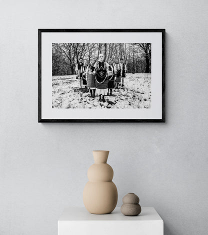 Black and White Photography Wall Art Greece | Costumes of Kladorachi in the snow Florina W. Macedonia by George Tatakis - single framed photo