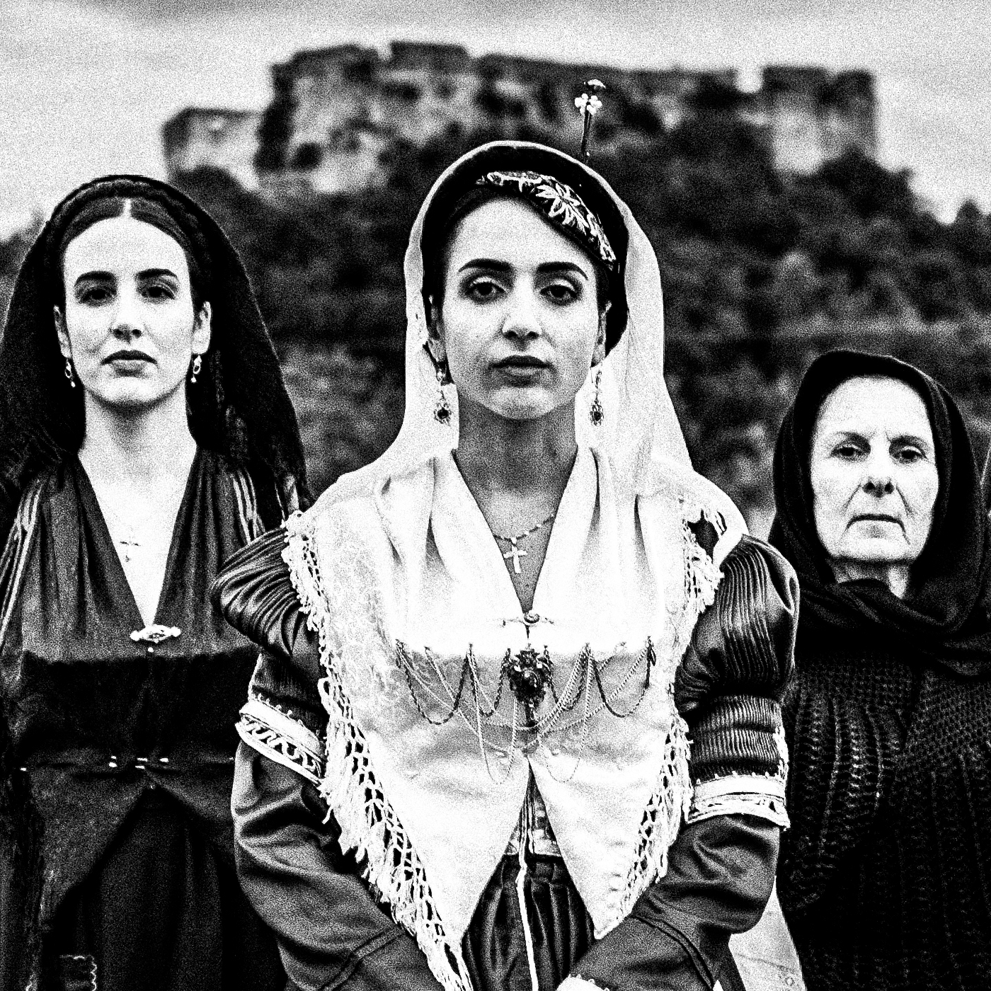 Black and White Photography Wall Art Greece | Costumes of Lefkada island at a castle multiple generations Ionian Sea by George Tatakis - detailed view