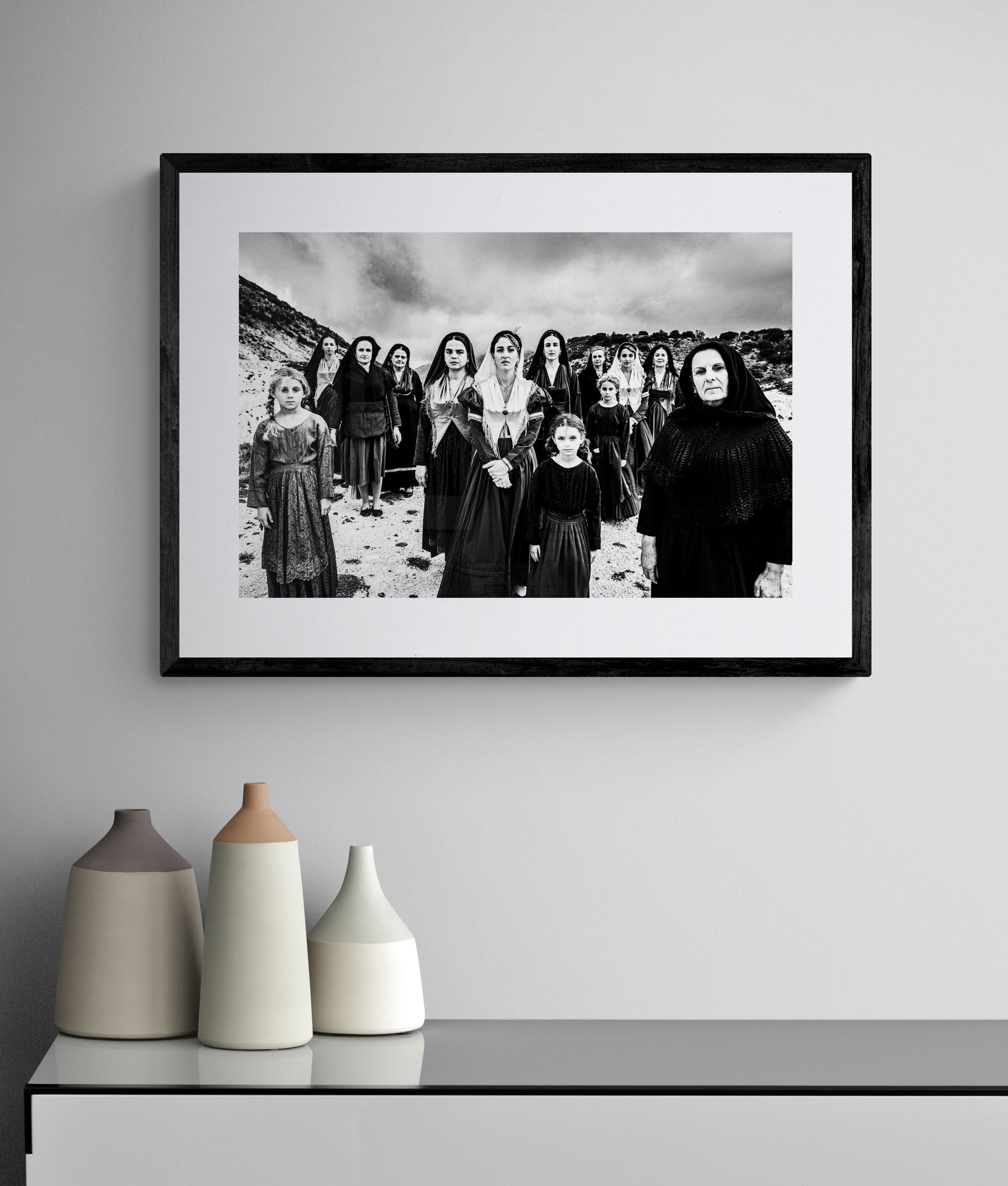 Black and White Photography Wall Art Greece | Costumes of Lefkada island multiple generations Ionian Sea by George Tatakis - single framed photo