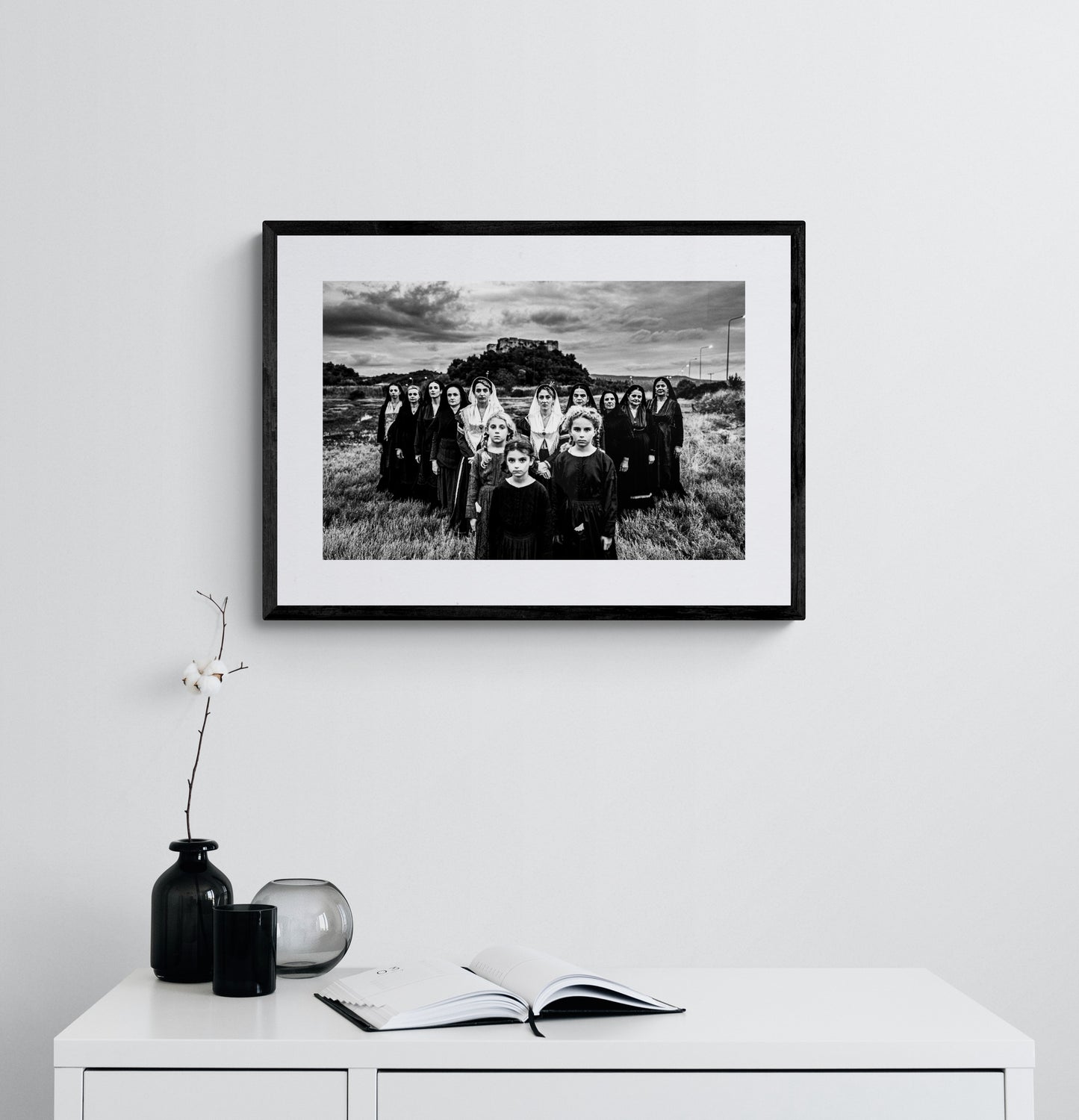 Black and White Photography Wall Art Greece | Costumes of Lefkada island at a castle multiple generations Ionian Sea by George Tatakis - single framed photo