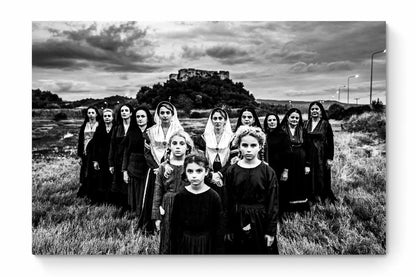 Black and White Photography Wall Art Greece | Costumes of Lefkada island at a castle multiple generations Ionian Sea by George Tatakis - whole photo