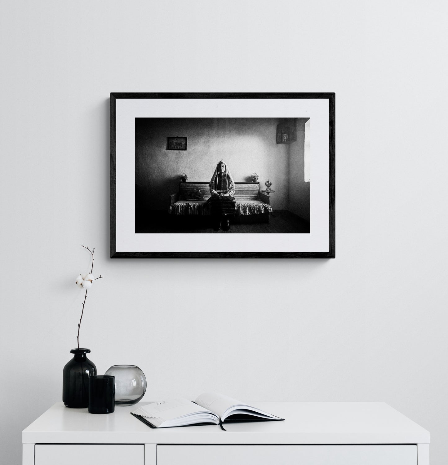 Black and White Photography Wall Art Greece | Lady in couch Mani Thrace by George Tatakis - single framed photo
