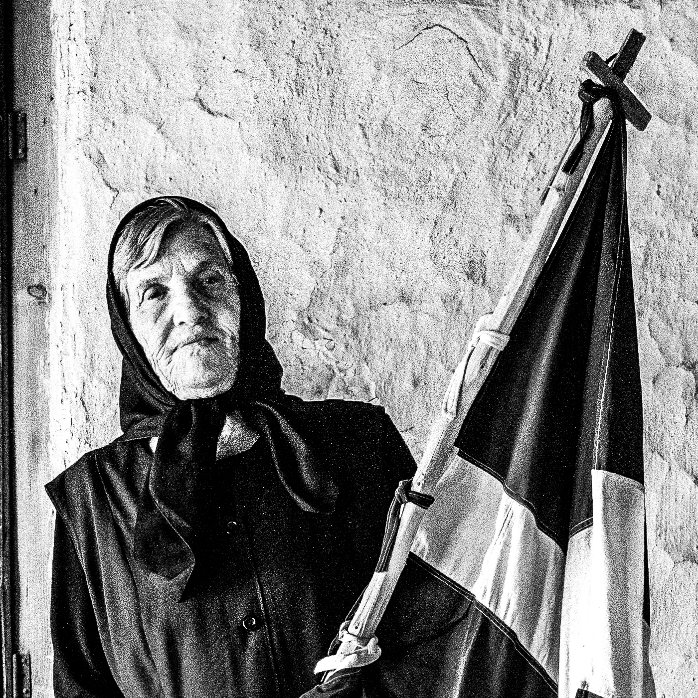Black and White Photography Wall Art Greece | Lady with flag Metaxades Thrace by George Tatakis - detailed view