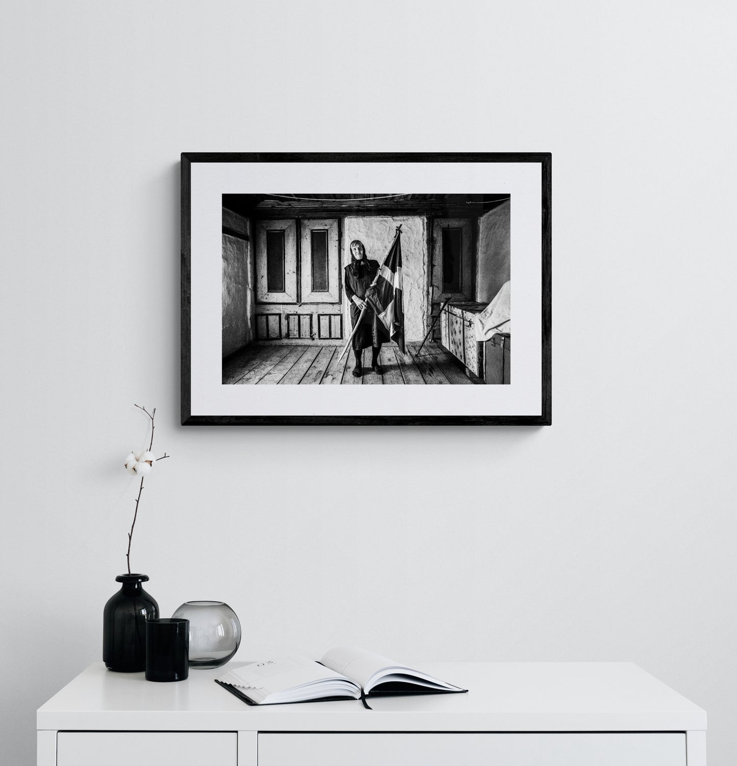 Black and White Photography Wall Art Greece | Lady with flag Metaxades Thrace by George Tatakis - single framed photo