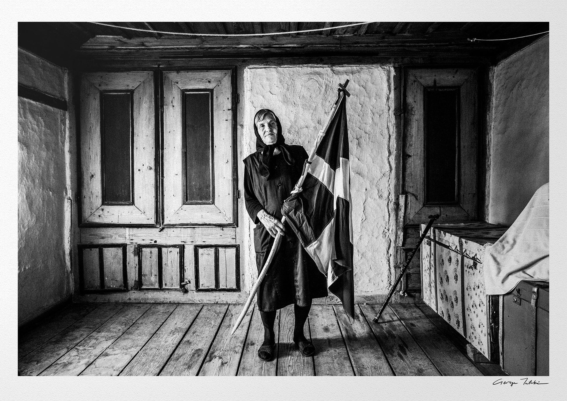 Black and White Photography Wall Art Greece | Lady with flag Metaxades Thrace by George Tatakis