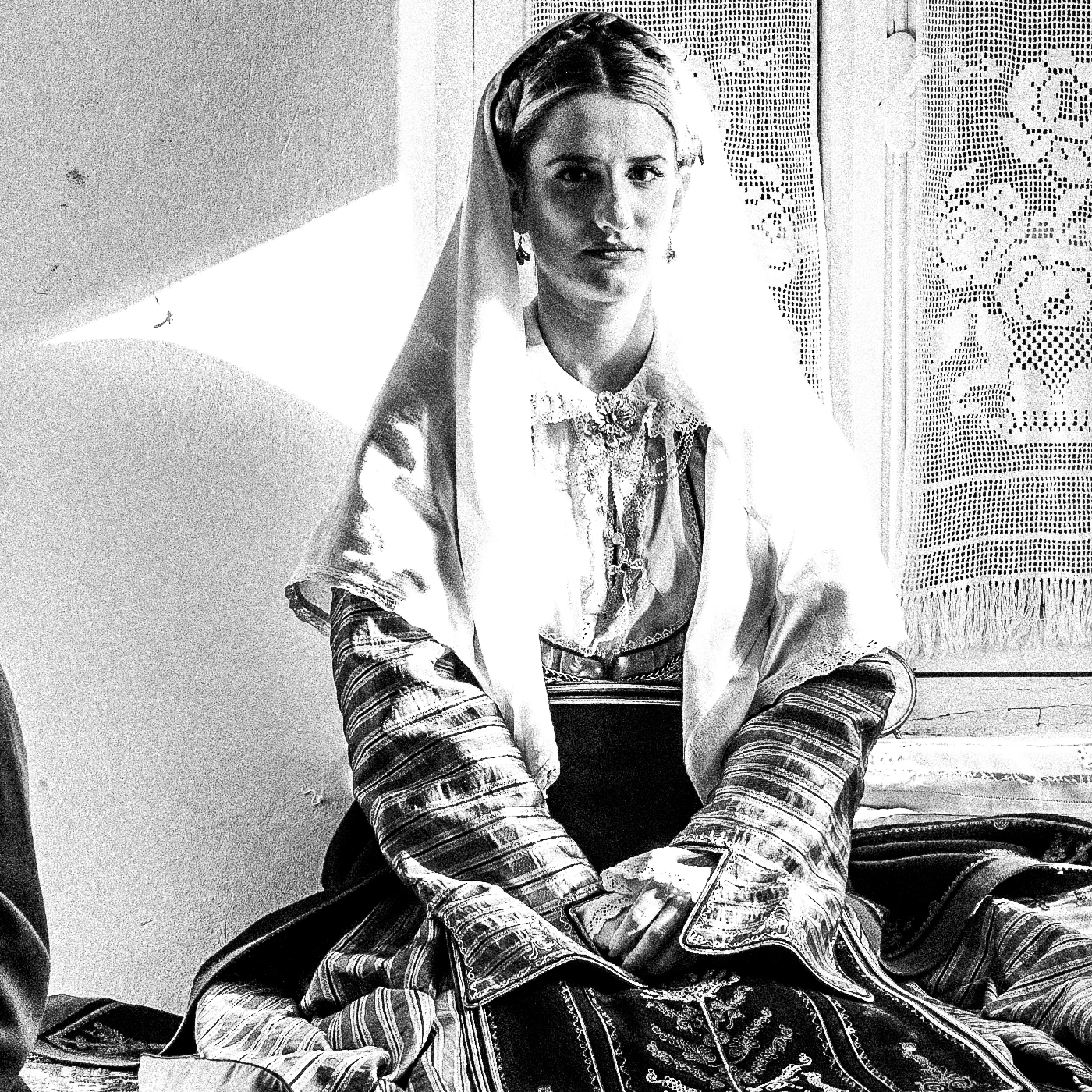 Black and White Photography Wall Art Greece | Costumes of Platanos in a traditional local bedroom Nafpaktos Aetoloacarnanea Greece by George Tatakis - detailed view