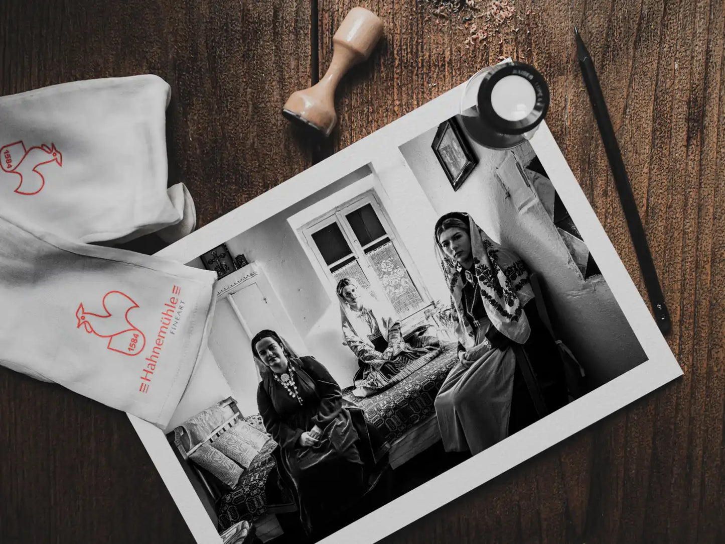 Black and White Photography Wall Art Greece | Costumes of Platanos in a traditional local bedroom Nafpaktos Aetoloacarnanea Greece by George Tatakis - photo print on table