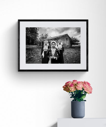Black and White Photography Wall Art Greece | Costumes of northern Corfu island in front a traditional house Ionian Sea by George Tatakis - single framed photo