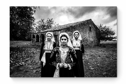 Black and White Photography Wall Art Greece | Costumes of northern Corfu island in front a traditional house Ionian Sea by George Tatakis - whole photo