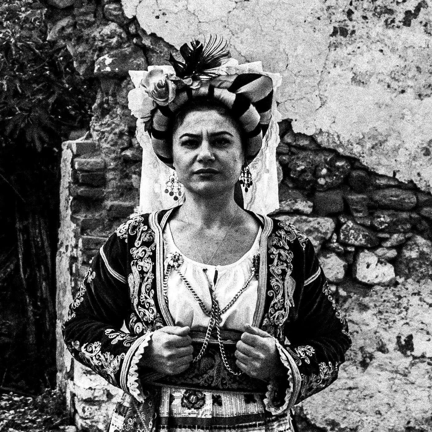 Black and White Photography Wall Art Greece | Costumes of southern Corfu island in front a traditional house Ionian Sea by George Tatakis - detailed view