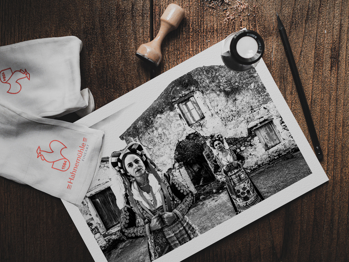 Black and White Photography Wall Art Greece | Costumes of southern Corfu island in front a traditional house Ionian Sea by George Tatakis - photo print on table