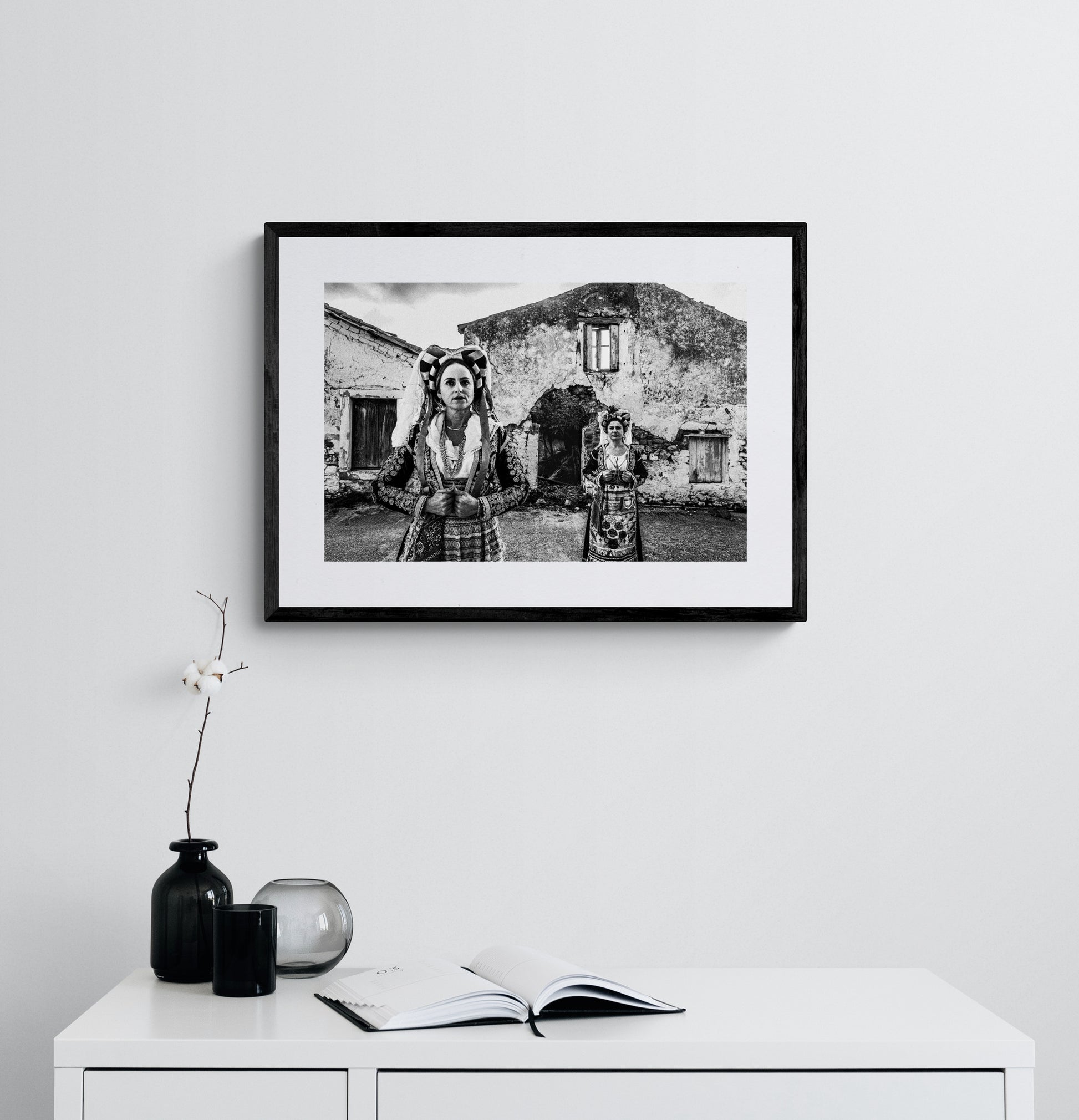 Black and White Photography Wall Art Greece | Costumes of southern Corfu island in front a traditional house Ionian Sea by George Tatakis - single framed photo