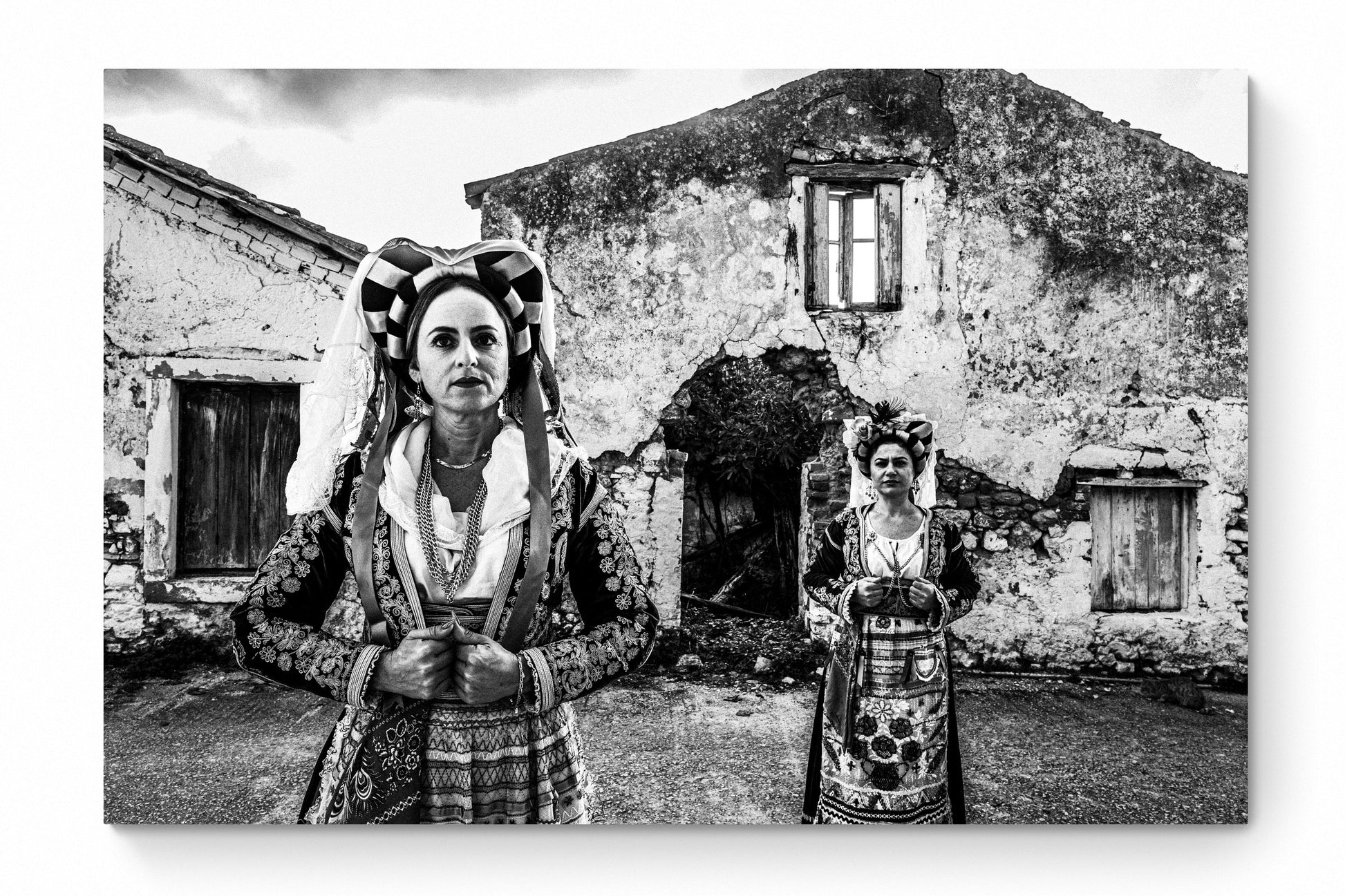 Black and White Photography Wall Art Greece | Costumes of southern Corfu island in front a traditional house Ionian Sea by George Tatakis - whole photo