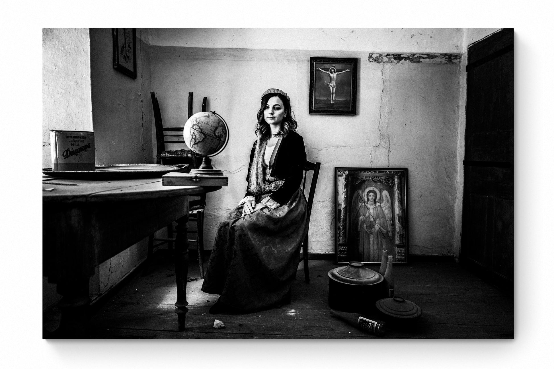 Black and White Photography Wall Art Greece | Girl in Pinakates globe Pelion Thessaly by George Tatakis - whole photo