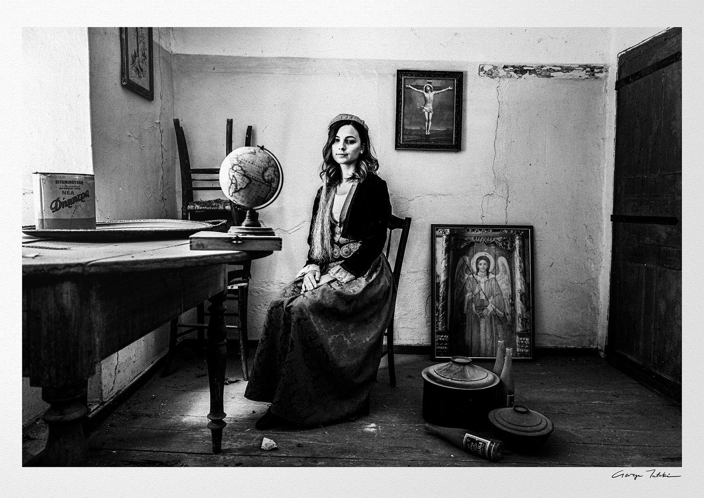 Black and White Photography Wall Art Greece | Girl in Pinakates globe Pelion Thessaly by George Tatakis
