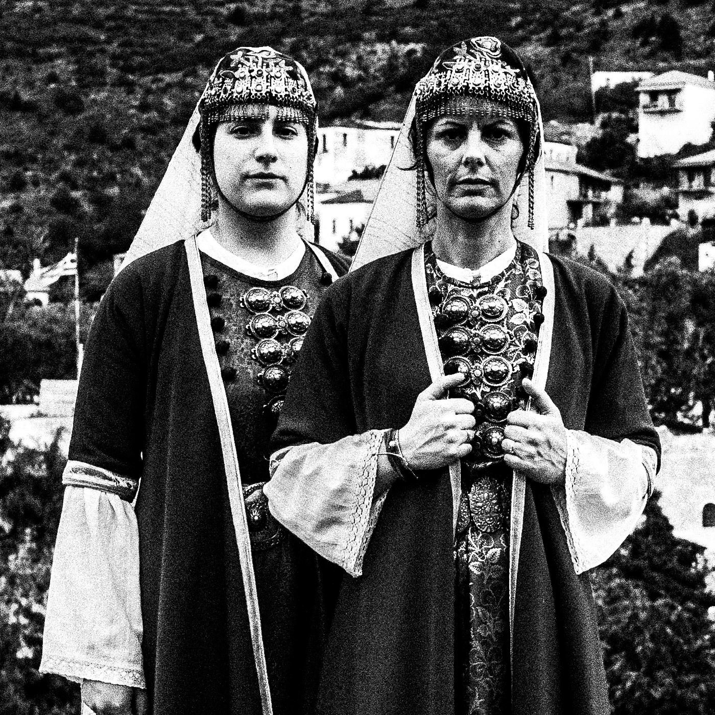 Black and White Photography Wall Art Greece | Costumes of Prastos overlooking the village Arcadia Peloponnese by George Tatakis - detailed view