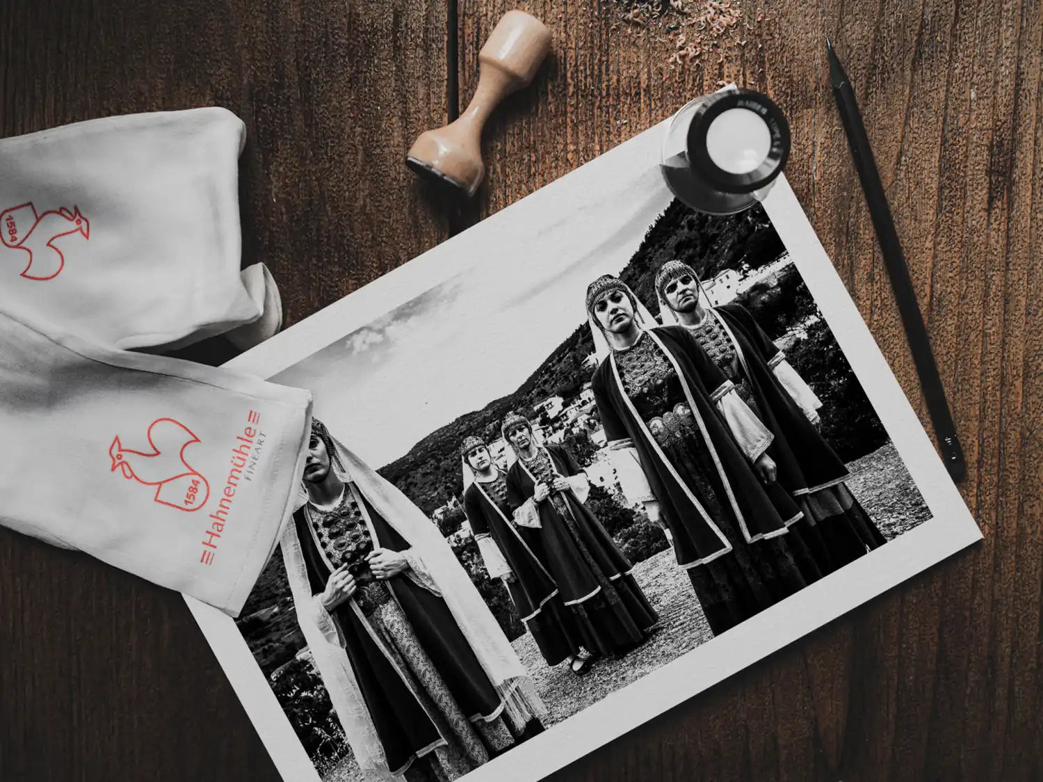 Black and White Photography Wall Art Greece | Costumes of Prastos overlooking the village Arcadia Peloponnese by George Tatakis - photo print on table