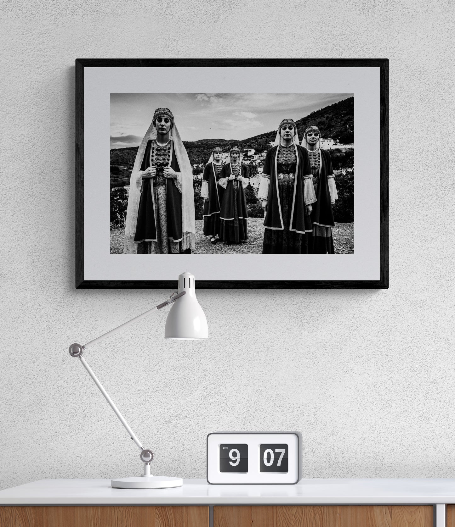 Black and White Photography Wall Art Greece | Costumes of Prastos overlooking the village Arcadia Peloponnese by George Tatakis - single framed photo
