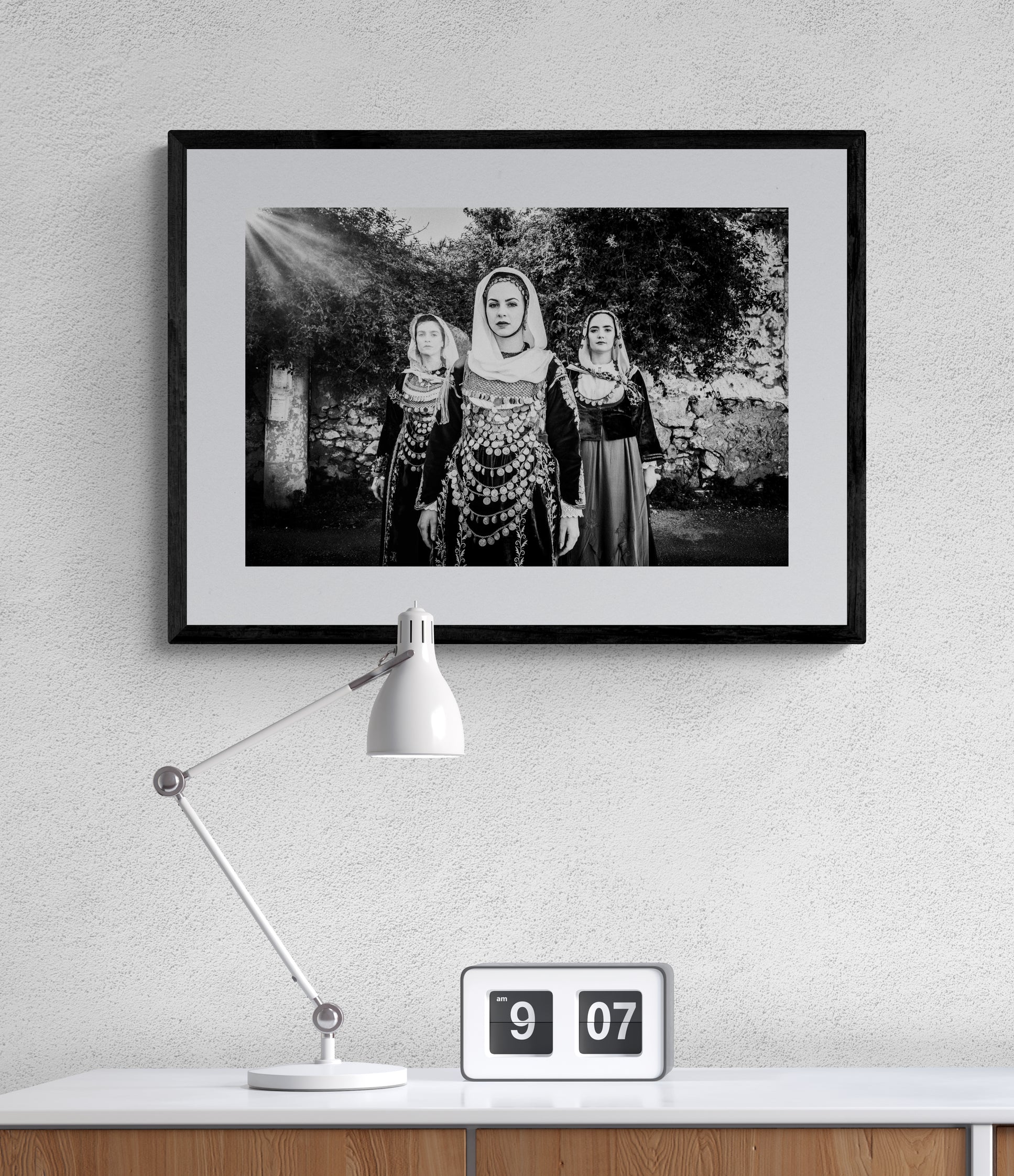 Black and White Photography Wall Art Greece | Three ladies in Salamina Saronic gulf Attica by George Tatakis - single framed photo