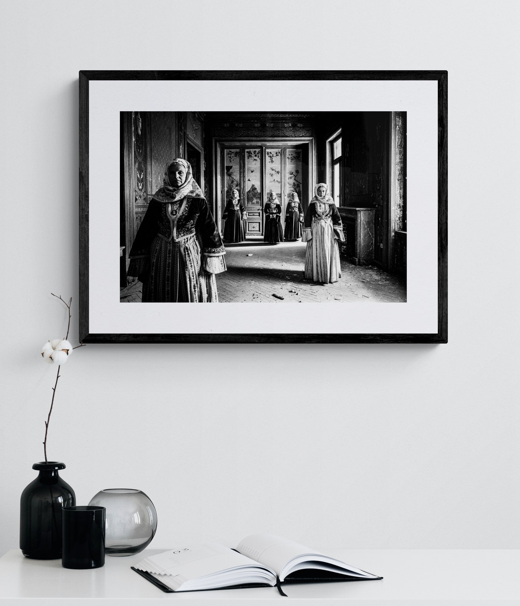 Black and White Photography Wall Art Greece | Bouboulina dresses in Spetses island Anargyros’ mansion Saronic gulf by George Tatakis - single framed photo