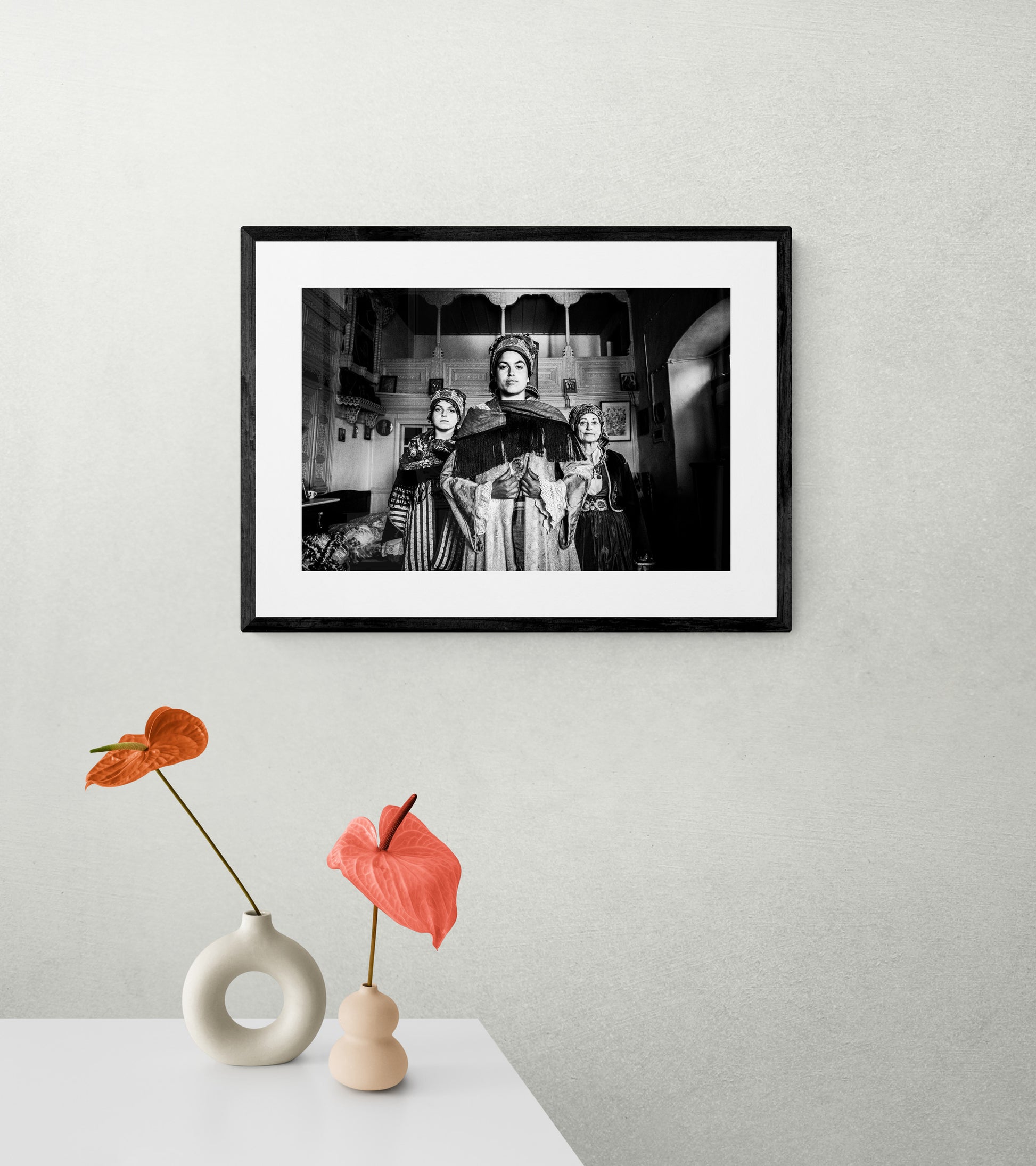 Black and White Photography Wall Art Greece | Three ladies in the traditional costumes of Symi island inside a house Dodecanese Greece by George Tatakis - single framed photo