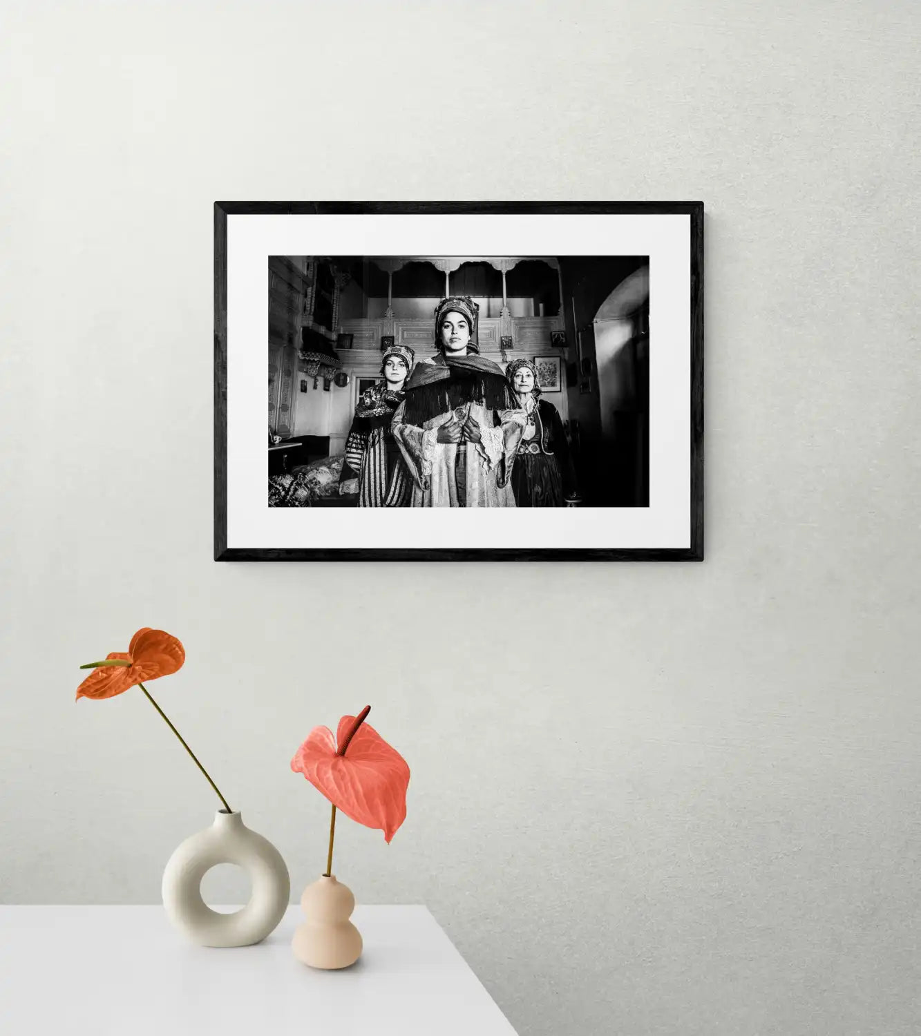 Black and White Photography Wall Art Greece | Three ladies in the traditional costumes of Symi island inside a house Dodecanese Greece by George Tatakis - single framed photo