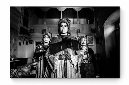 Black and White Photography Wall Art Greece | Three ladies in the traditional costumes of Symi island inside a house Dodecanese Greece by George Tatakis - whole photo