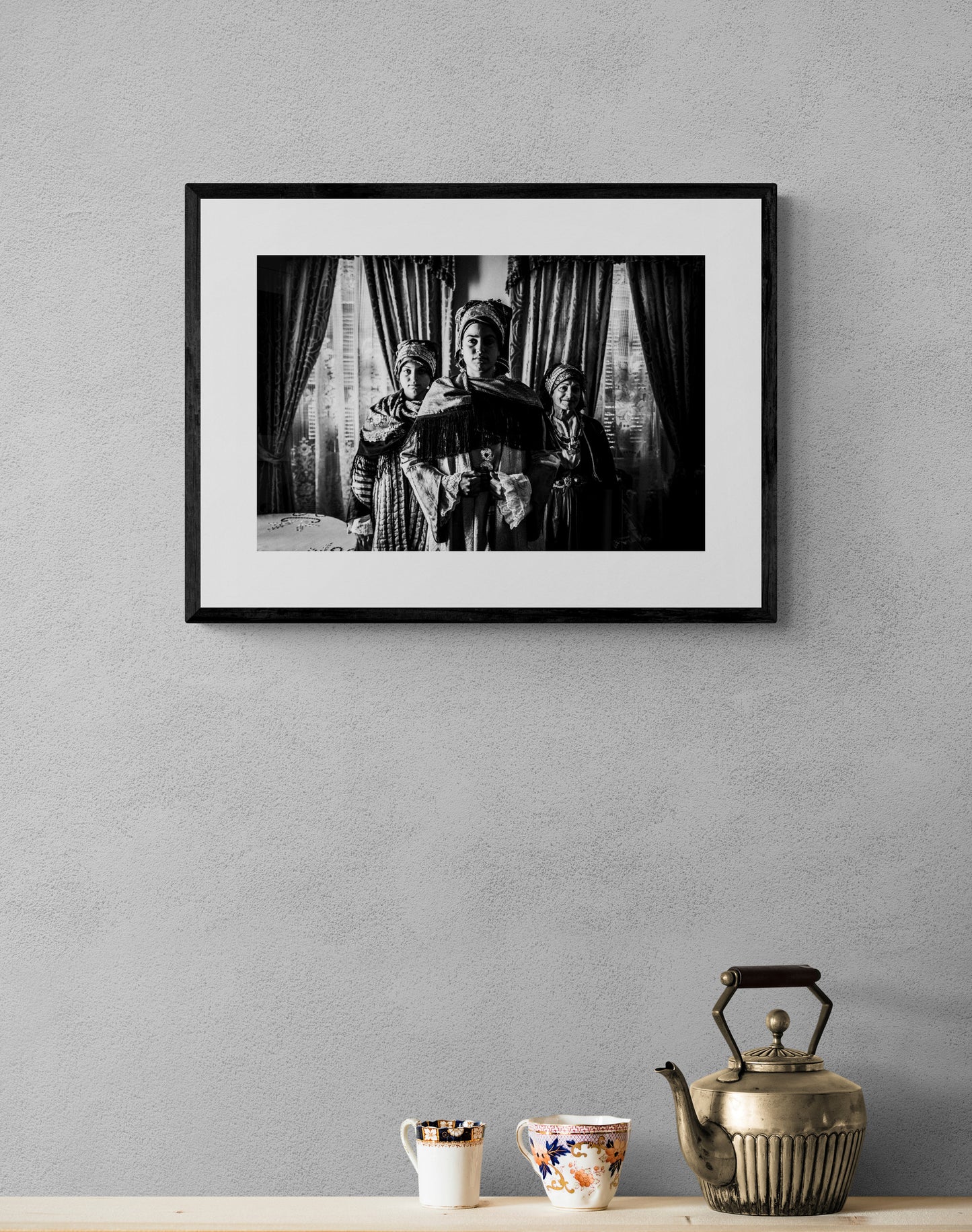 Black and White Photography Wall Art Greece | Three ladies in the traditional costumes of Symi island inside a house Dodecanese Greece by George Tatakis - single framed photo