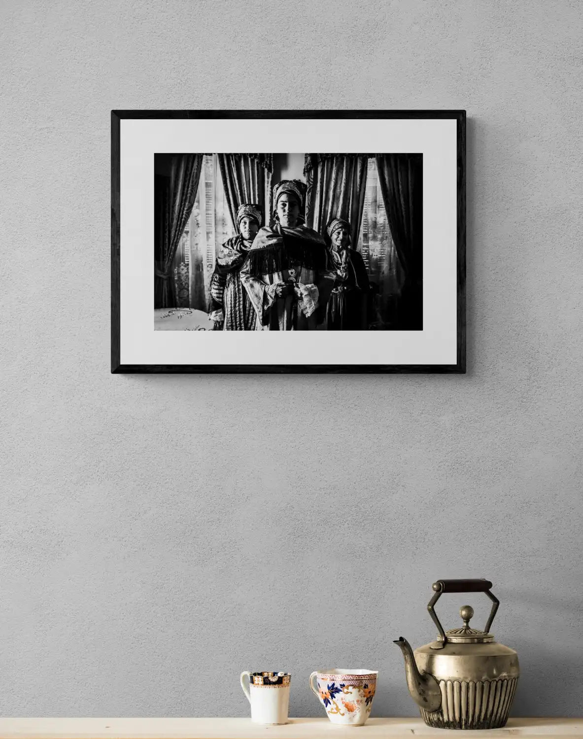 Black and White Photography Wall Art Greece | Three ladies in the traditional costumes of Symi island inside a house Dodecanese Greece by George Tatakis - single framed photo