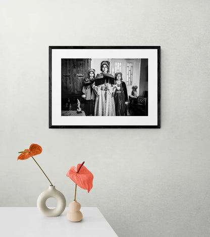 Black and White Photography Wall Art Greece | Three ladies in the traditional costumes of Symi island inside a house Dodecanese Greece by George Tatakis - single framed photo