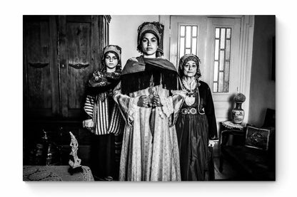 Black and White Photography Wall Art Greece | Three ladies in the traditional costumes of Symi island inside a house Dodecanese Greece by George Tatakis - whole photo