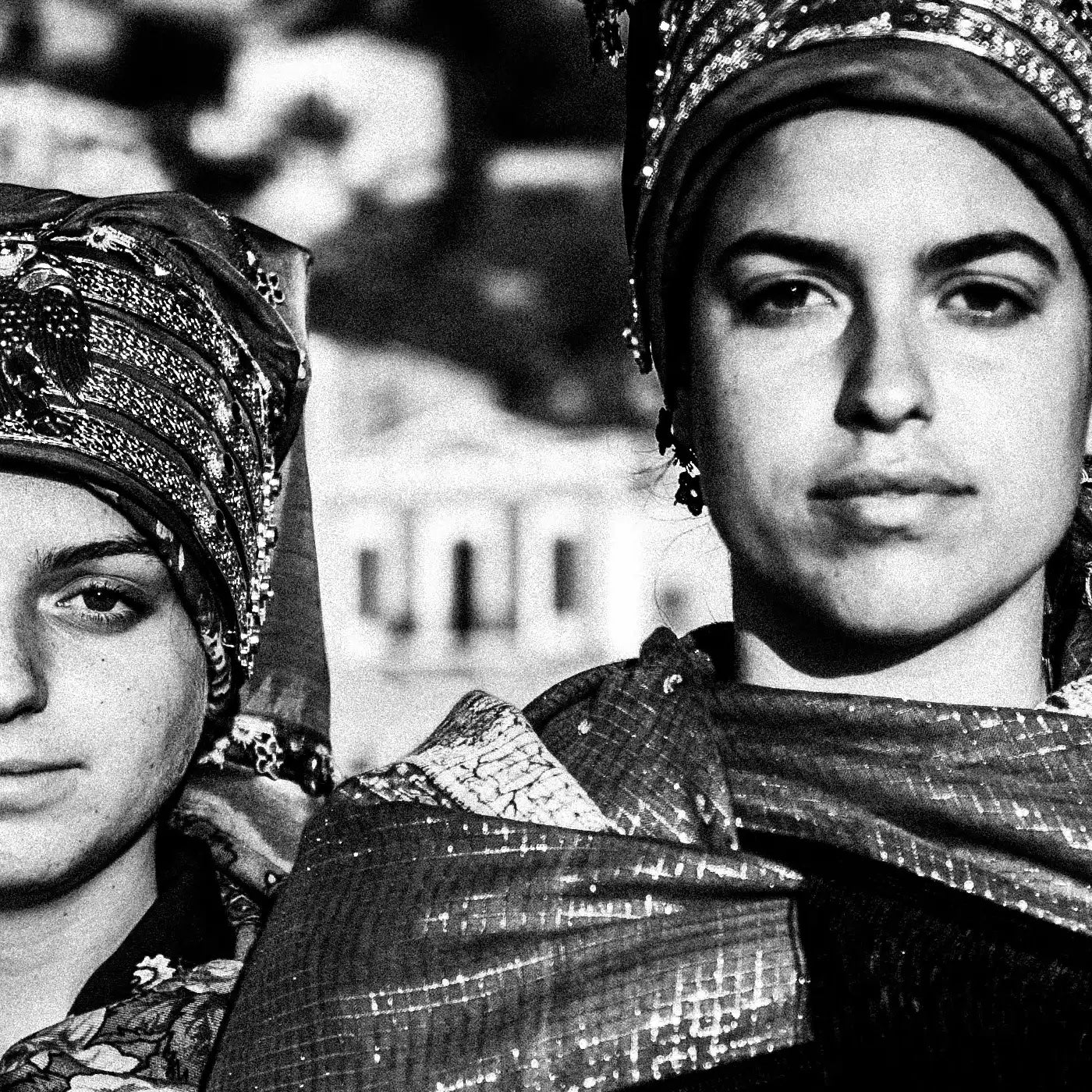 Black and White Photography Wall Art Greece | Three ladies on a boat in the traditional costumes of Symi island Dodecanese Greece by George Tatakis - detailed view