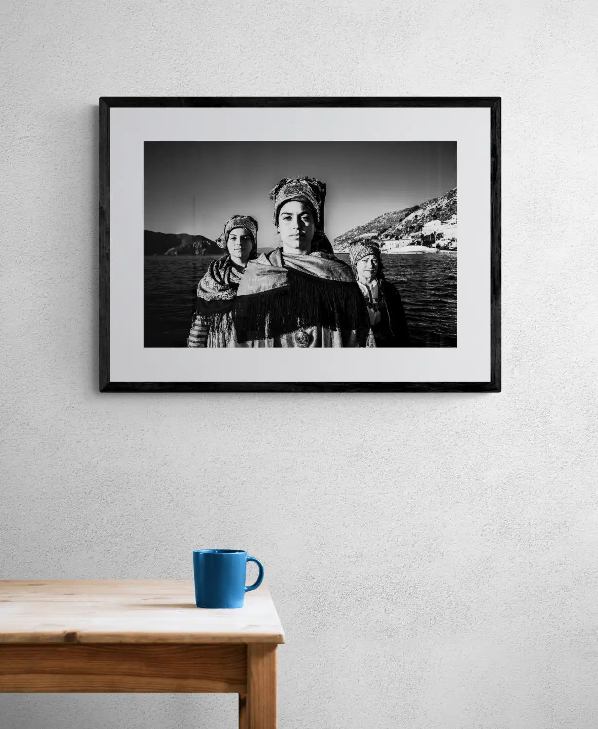 Black and White Photography Wall Art Greece | Three ladies on a boat in the traditional costumes of Symi island Dodecanese Greece by George Tatakis - single framed photo