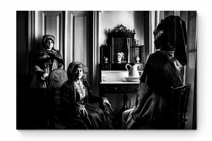 Black and White Photography Wall Art Greece | Three ladies in the traditional costumes of Symi island inside a house Dodecanese Greece by George Tatakis - whole photo