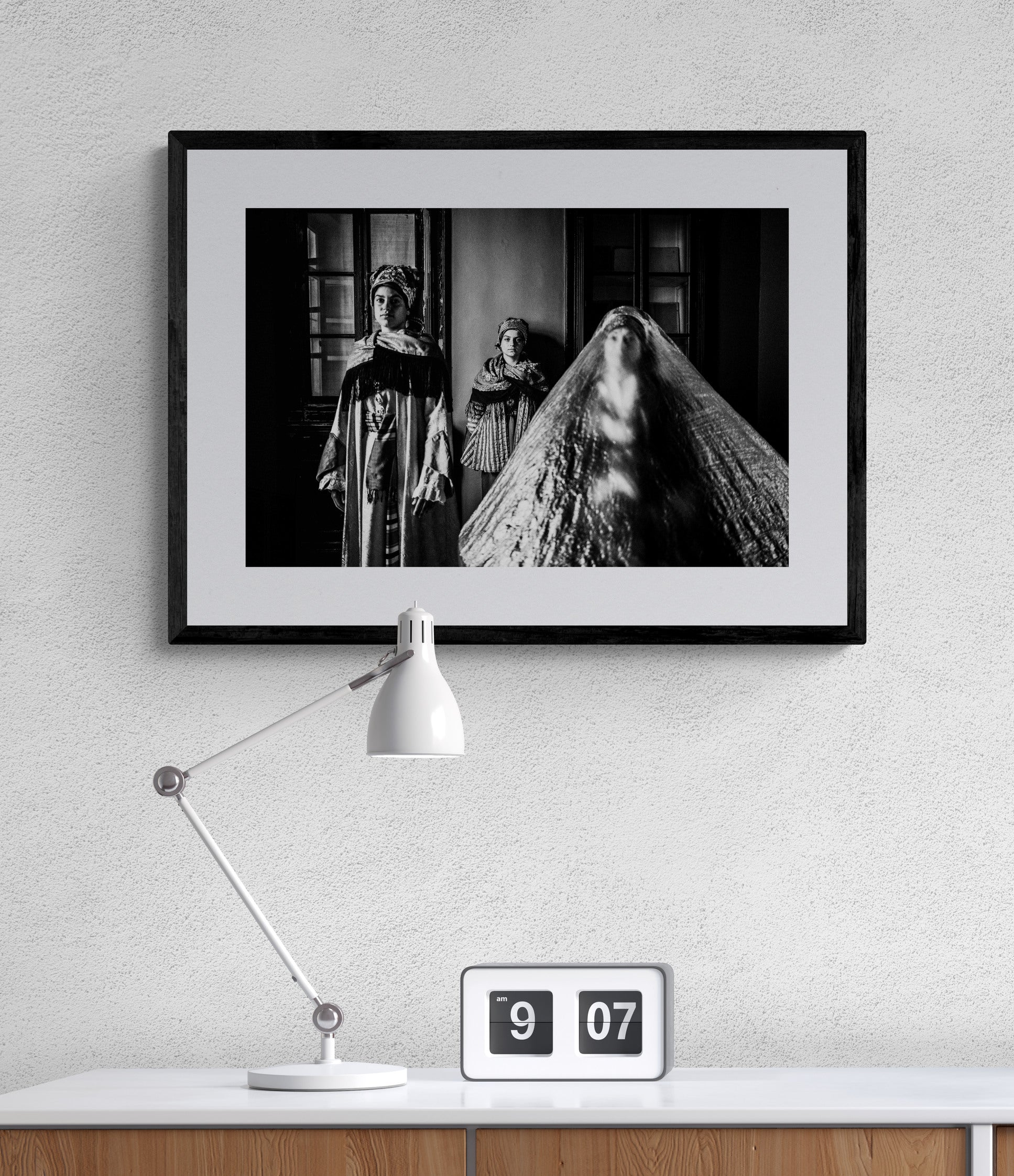 Black and White Photography Wall Art Greece | Three ladies in the traditional costumes of Symi island inside a room Dodecanese Greece by George Tatakis - single framed photo
