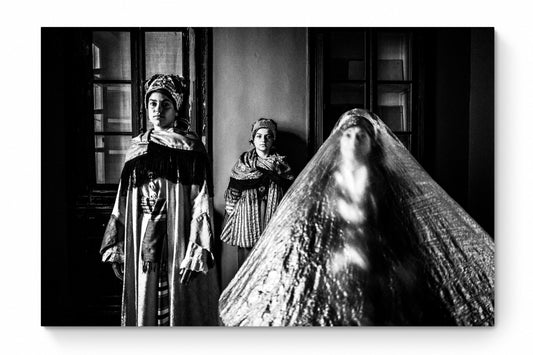 Black and White Photography Wall Art Greece | Three ladies in the traditional costumes of Symi island inside a room Dodecanese Greece by George Tatakis - whole photo