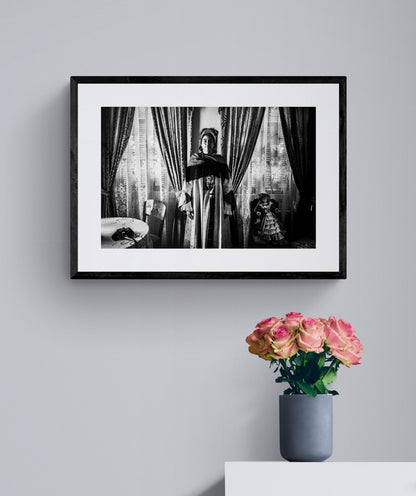 Black and White Photography Wall Art Greece | Bridal costume of Symi island inside a traditional house Dodecanese Greece by George Tatakis - single framed photo