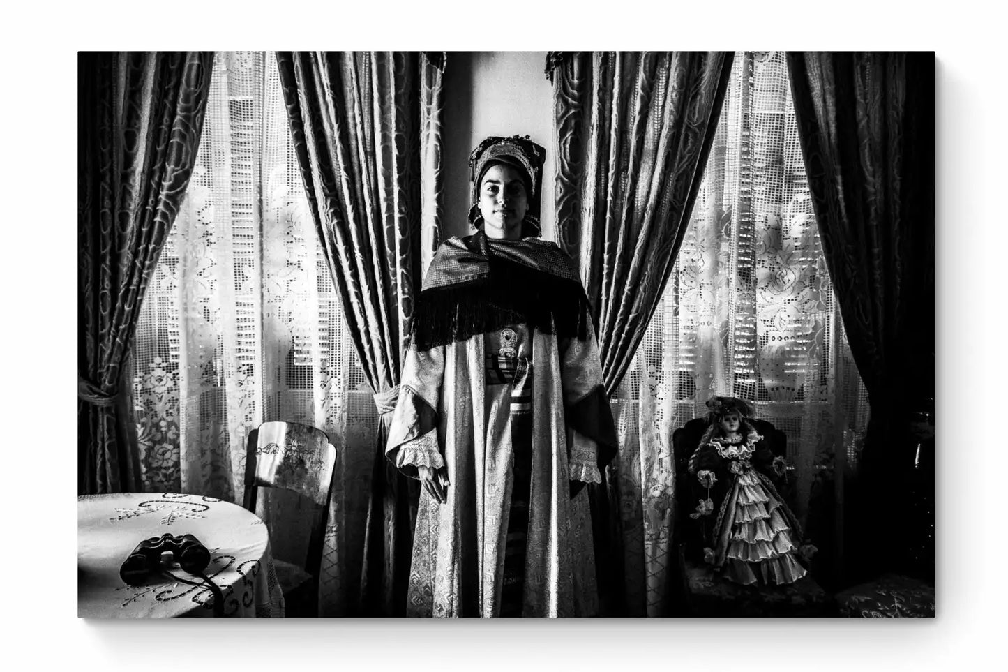 Black and White Photography Wall Art Greece | Bridal costume of Symi island inside a traditional house Dodecanese Greece by George Tatakis - whole photo