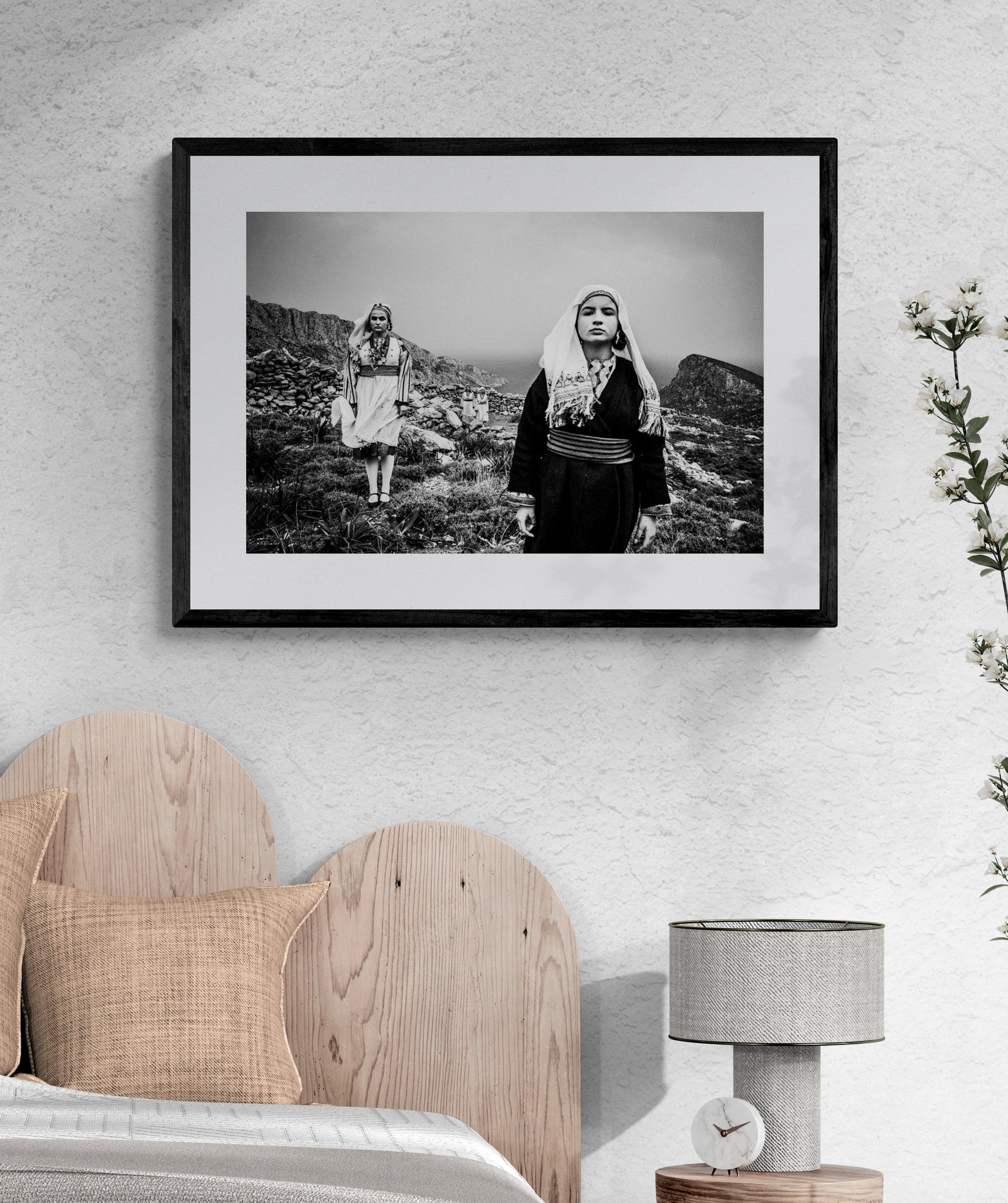 Black and White Photography Wall Art Greece | Costumes of Tilos island at a windy cliff Dodecanese Greece by George Tatakis - single framed photo