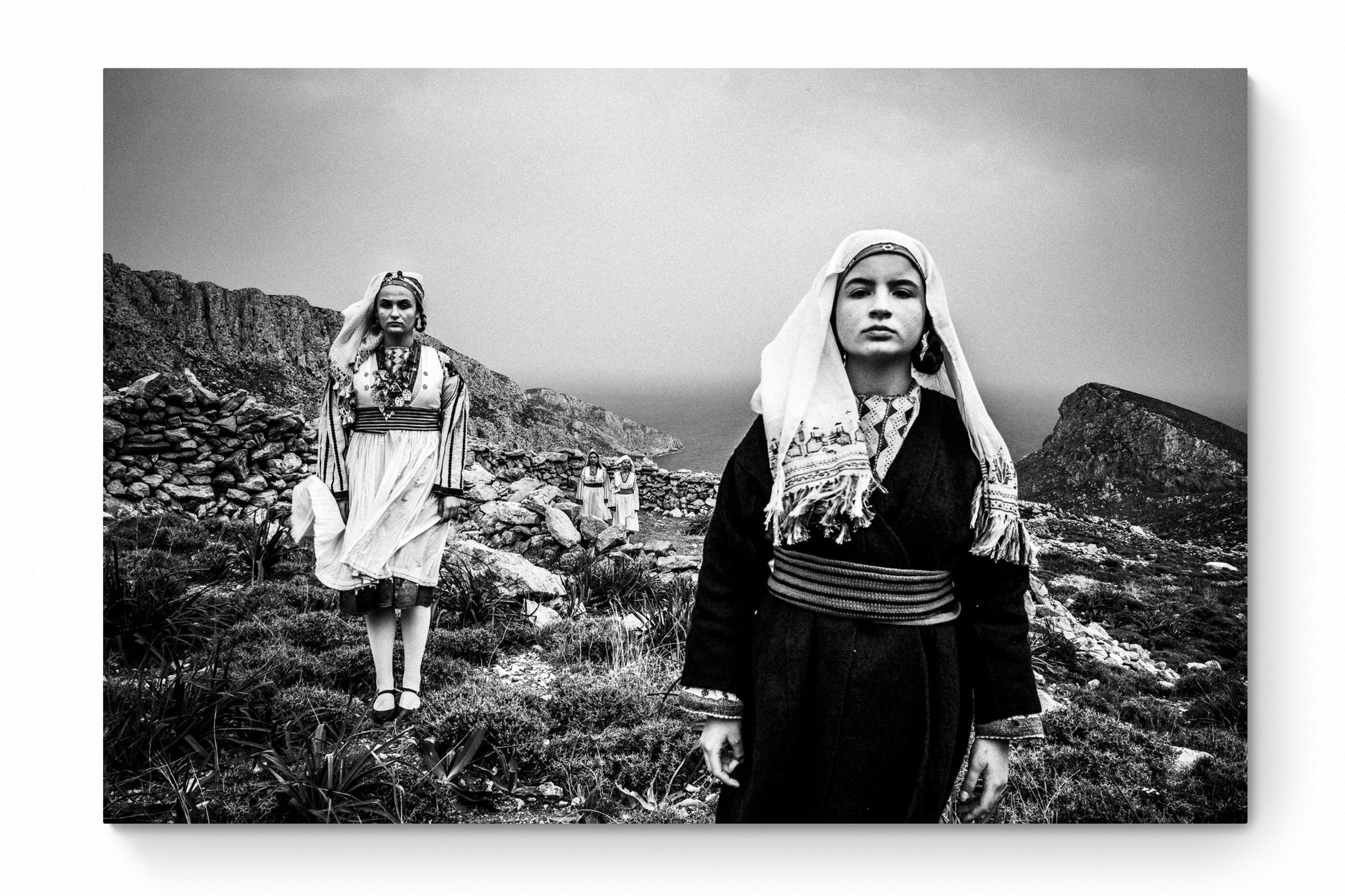 Black and White Photography Wall Art Greece | Costumes of Tilos island at a windy cliff Dodecanese Greece by George Tatakis - whole photo