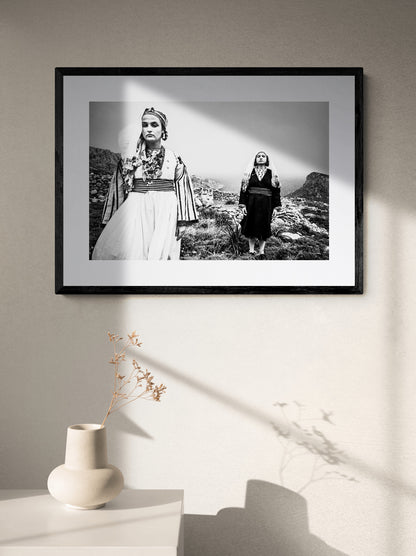 Black and White Photography Wall Art Greece | Costumes of Tilos island at a windy cliff Dodecanese Greece by George Tatakis - single framed photo