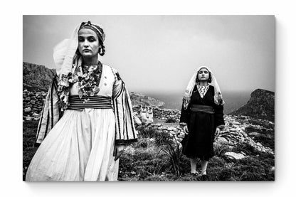 Black and White Photography Wall Art Greece | Costumes of Tilos island at a windy cliff Dodecanese Greece by George Tatakis - whole photo