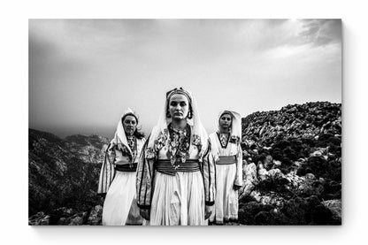 Black and White Photography Wall Art Greece | Costumes of Tilos island at a cliff Dodecanese Greece by George Tatakis - whole photo