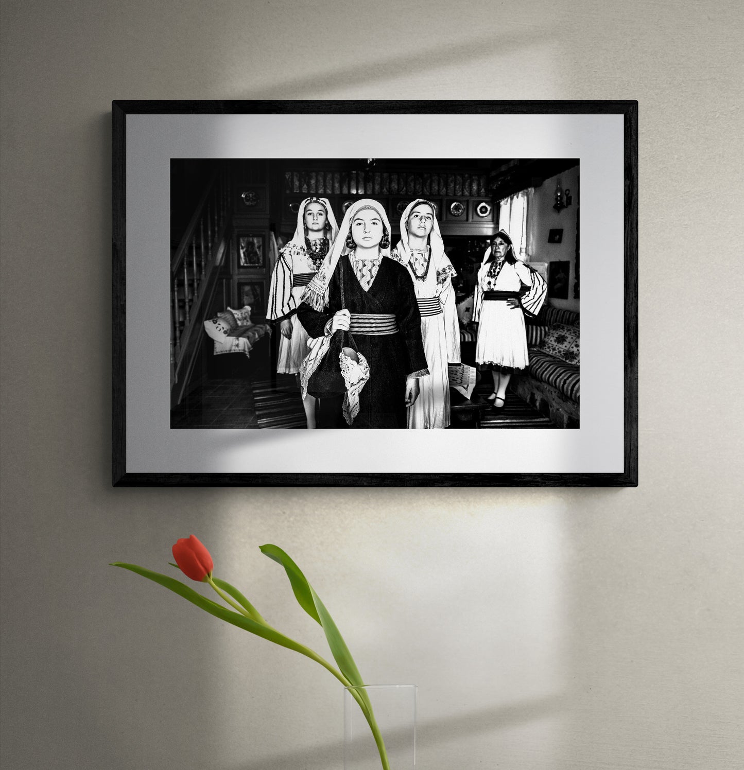 Black and White Photography Wall Art Greece | Costumes of Tilos island inside a traditional home Dodecanese Greece by George Tatakis - single framed photo